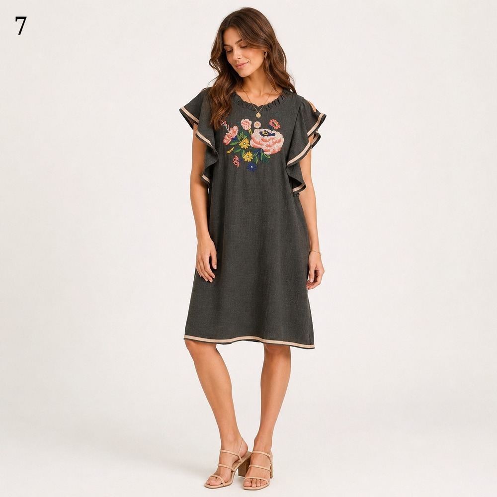 THML Tunic Shift Dress womens small Olive Green Embroidered Ruffle sleeve Cotton
